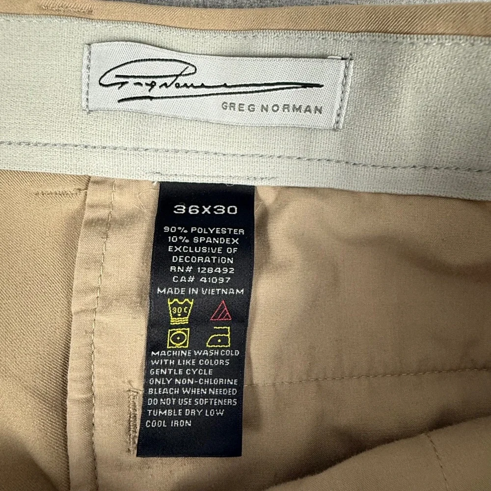Greg Norman Mens Tan Golf Pants 36x30 Shark Logo Khaki Stretch Performance